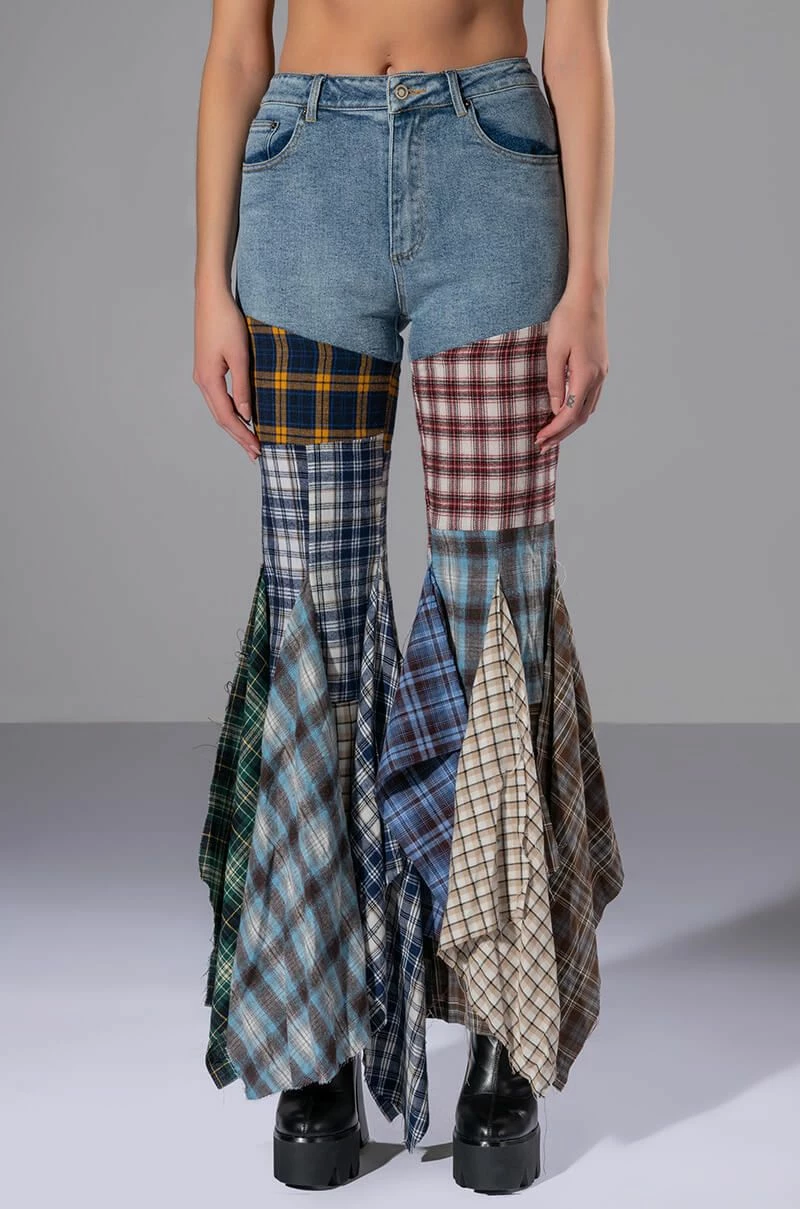 ALEXA PLAID PATCHWORK FLARED JEANS