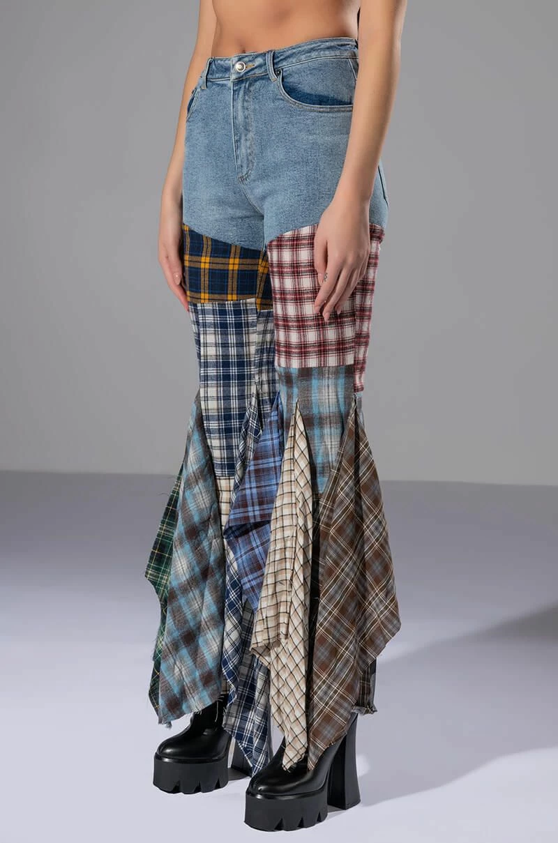 ALEXA PLAID PATCHWORK FLARED JEANS - Image 2