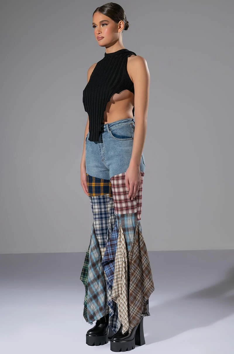 ALEXA PLAID PATCHWORK FLARED JEANS - Image 5
