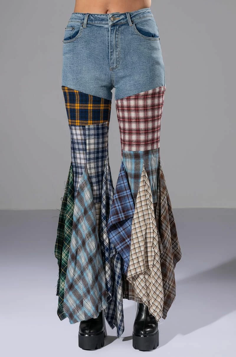 ALEXA PLAID PATCHWORK FLARED JEANS - Image 7