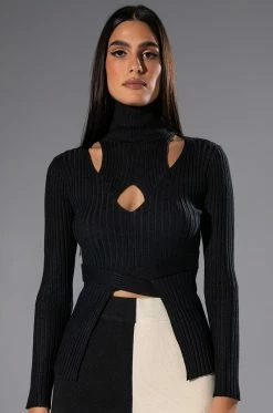ALL IN THE DETAILS CUT OUT TURTLENECK TIE WAIST SWEATER