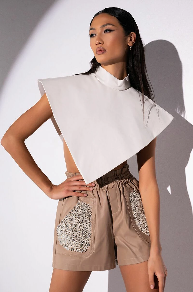 ARIA FAUX LEATHER MOCK NECK TRIANGLE BLOUSE - Image 4