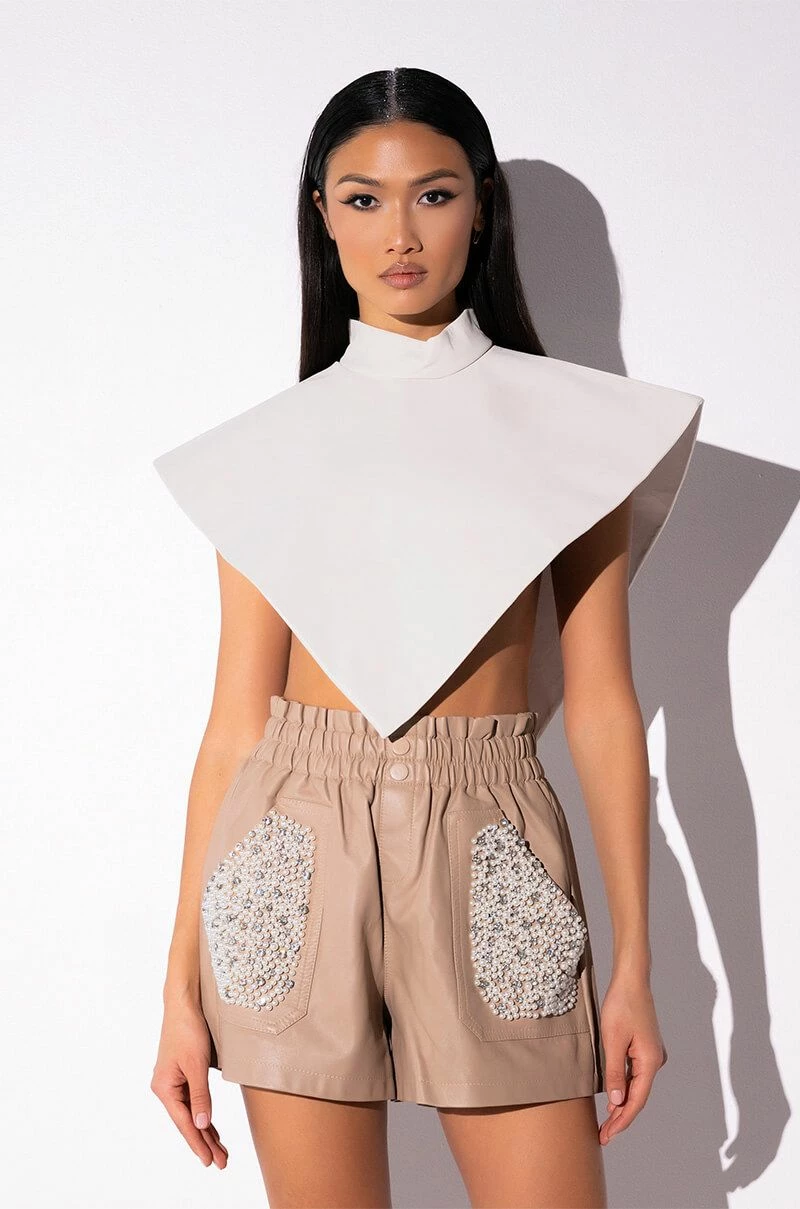 ARIA FAUX LEATHER MOCK NECK TRIANGLE BLOUSE - Image 8