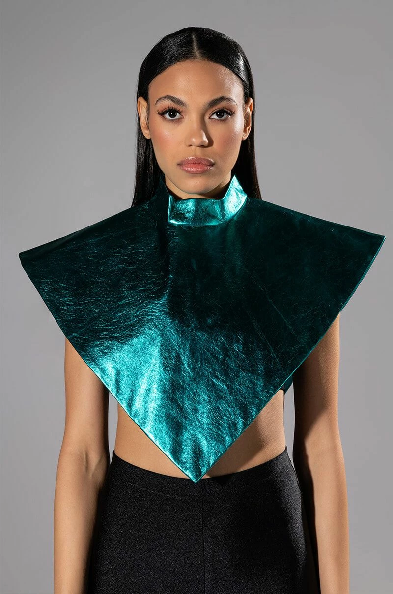 ARIA METALLIC FAUX LEATHER MOCK NECK TRIANGLE BLOUSE - Image 3