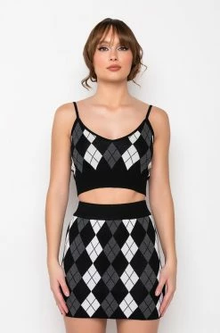 BIRDIE ARGYLE KNIT CROP TOP -akira shop birdie argyle knit crop top black multi 3 3