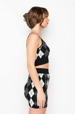 BIRDIE ARGYLE KNIT CROP TOP -akira shop birdie argyle knit crop top black multi 4 4