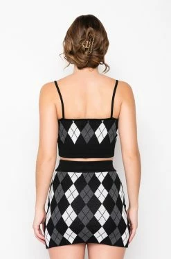 BIRDIE ARGYLE KNIT CROP TOP -akira shop birdie argyle knit crop top black multi 5 5