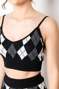 BIRDIE ARGYLE KNIT CROP TOP -akira shop birdie argyle knit crop top black multi 6 6