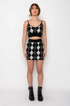 BIRDIE ARGYLE KNIT CROP TOP -akira shop birdie argyle knit crop top black multi 7 7