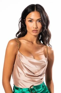 DIVA DRIP SLEEVELESS CHAIN DETAIL SATIN COWL NECK BLOUSE