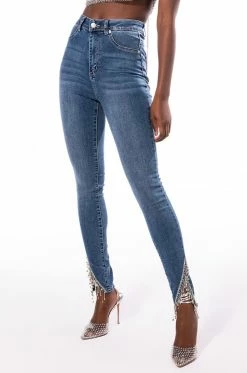 FLEX FIT EXTREME STRETCH HIGH RISE SKINNY JEANS WITH RHINESTONE ANKLE DETAILING