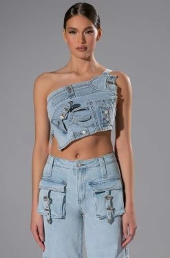 FOR REAL BUCKLE DETAIL DENIM CROP TOP