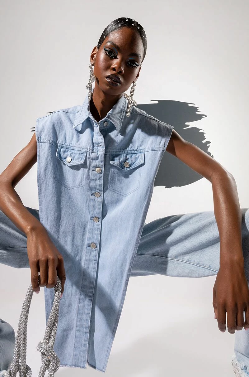 FROM ANY ANGLE LIGHT WASH ANGLED DENIM VEST