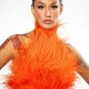GENUINE OSTRICH FEATHER SLEEVELESS CROPPED HALTER BLOUSE IN ORANGE