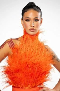 GENUINE OSTRICH FEATHER SLEEVELESS CROPPED HALTER BLOUSE IN ORANGE