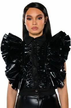 GREATEST SHOW RUFFLE BUTTON DOWN BLOUSE