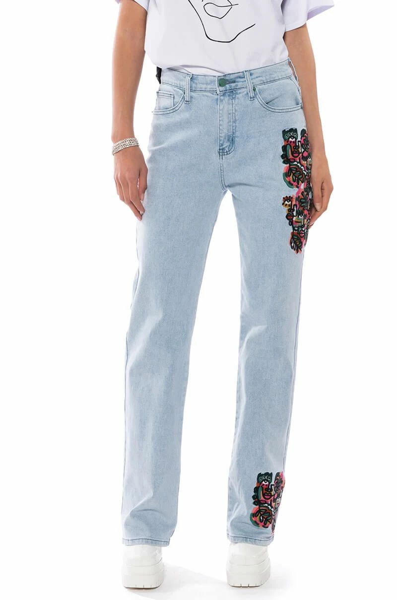HIDDEN FACES EMBROIDERY DETAILED STRAIGHT LEG JEANS