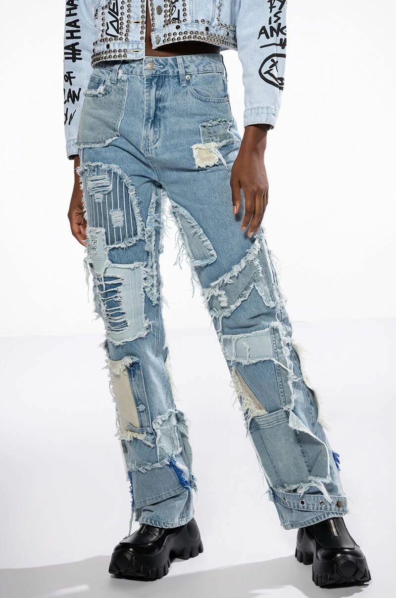 LEON PATCHWORK HIGH RISE STRAIGHT LEG JEANS