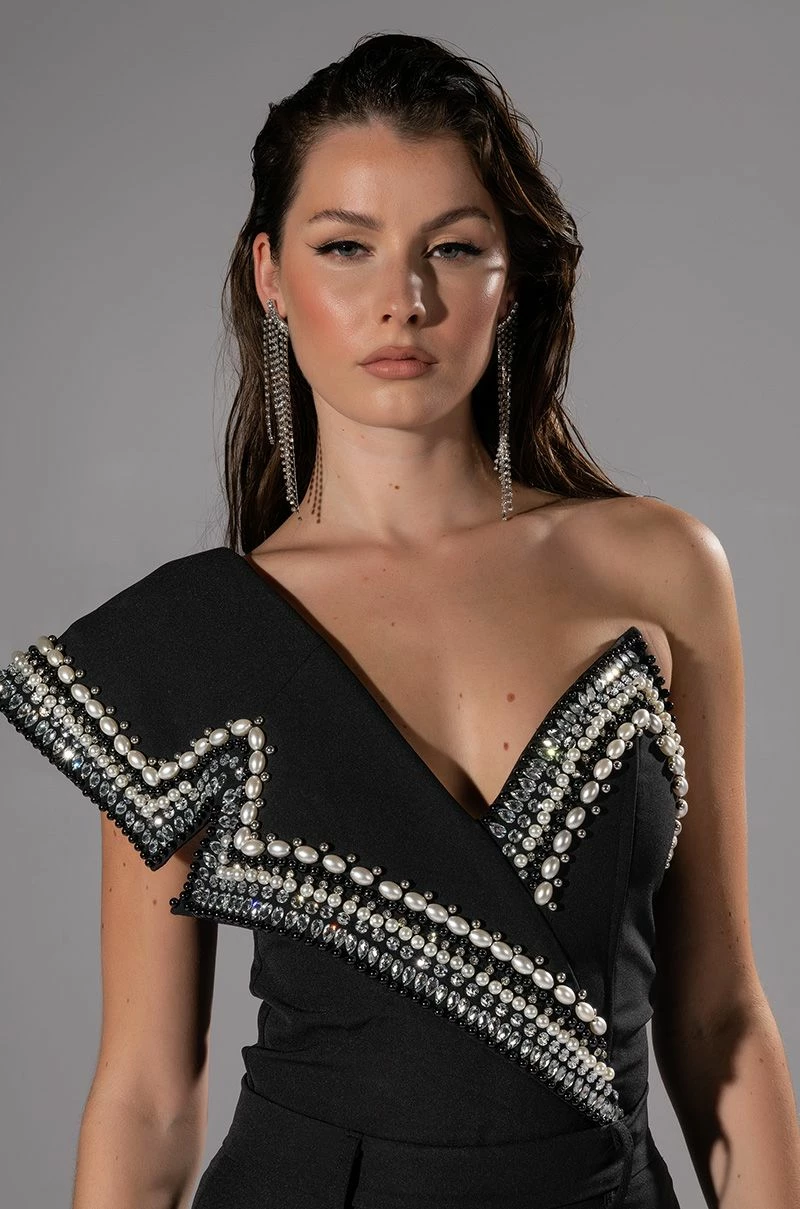 LUXURIOUS PEARL AND RHINESTONE DETAILED BODYSUIT IN BLACK