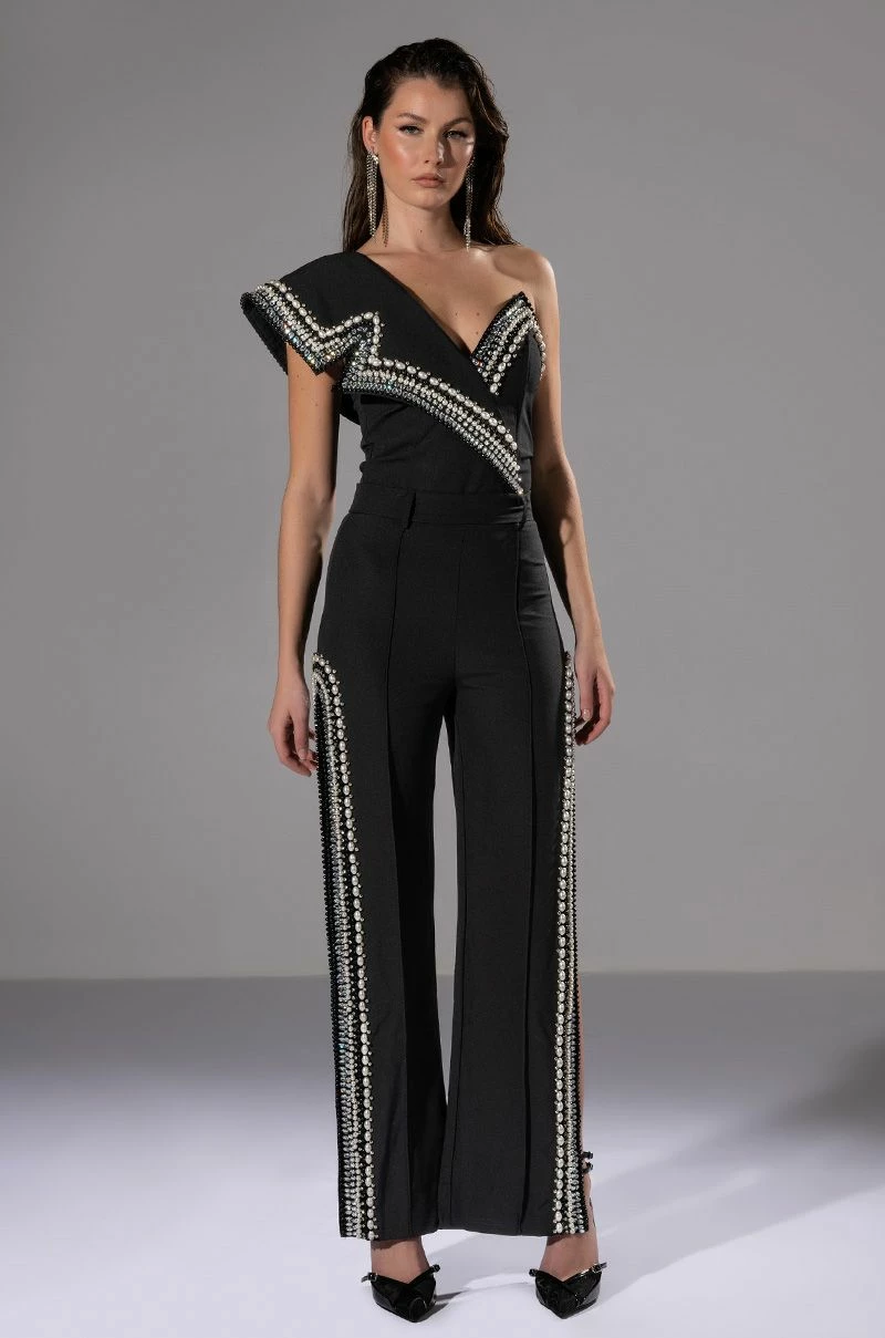 LUXURIOUS PEARL AND RHINESTONE DETAILED BODYSUIT IN BLACK - Image 3