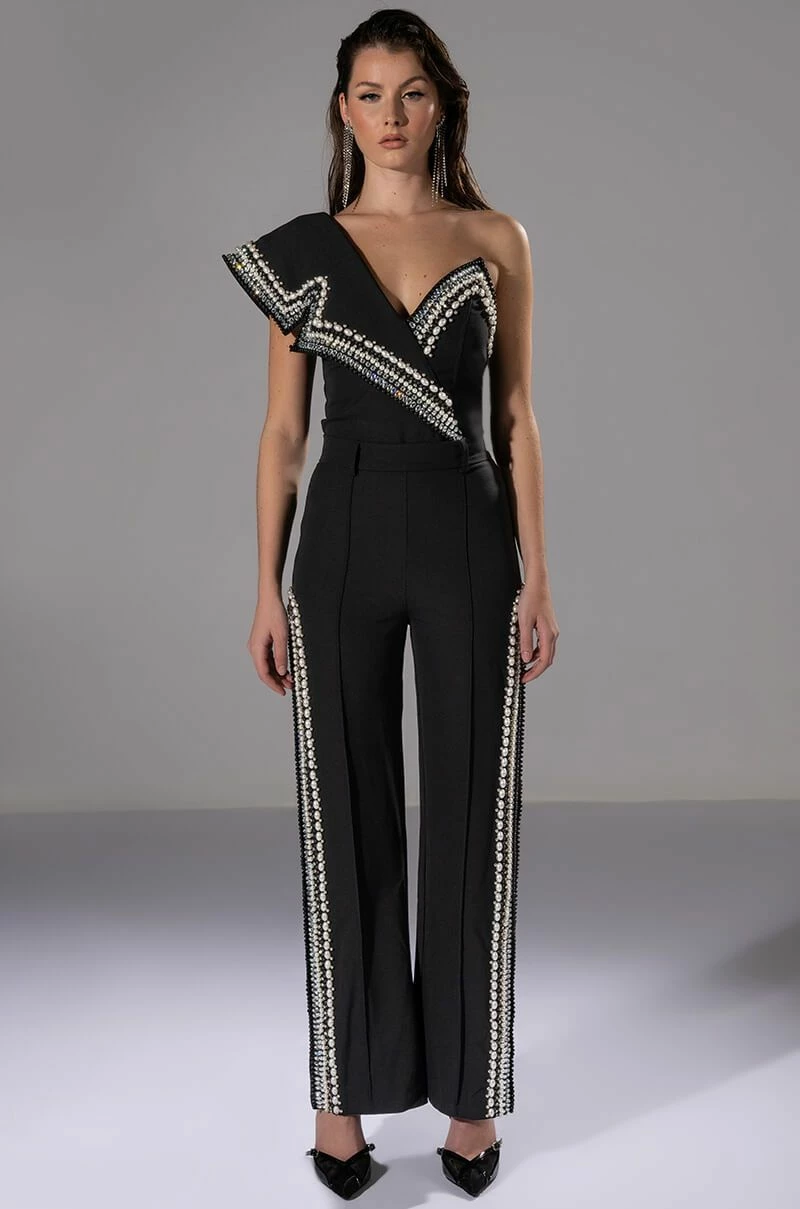 LUXURIOUS PEARL AND RHINESTONE DETAILED BODYSUIT IN BLACK - Image 9