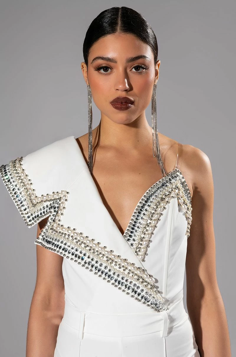 LUXURIOUS PEARL AND RHINESTONE DETAILED BODYSUIT IN WHITE - Image 11
