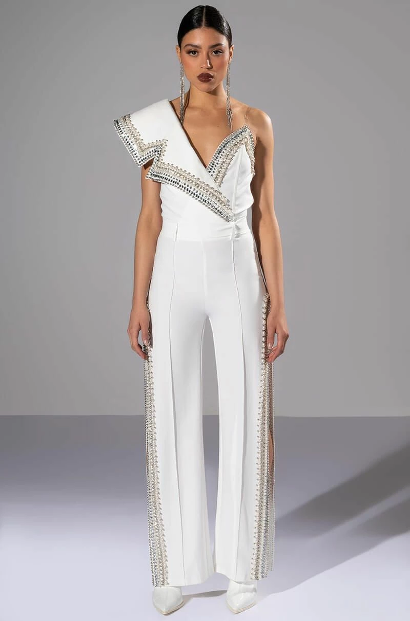 LUXURIOUS PEARL AND RHINESTONE DETAILED BODYSUIT IN WHITE - Image 10