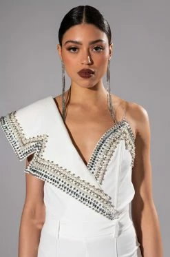 LUXURIOUS PEARL AND RHINESTONE DETAILED BODYSUIT IN WHITE