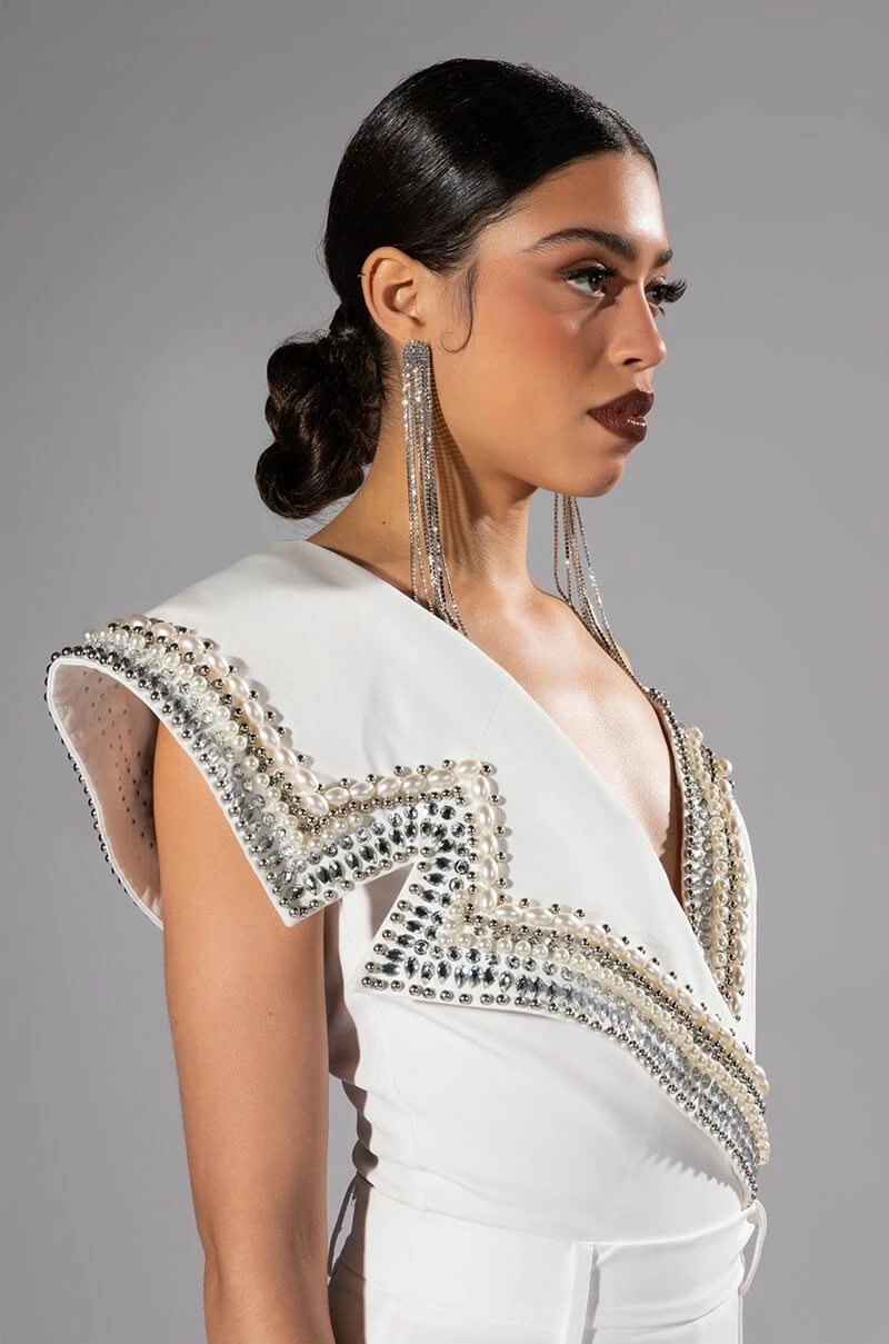 LUXURIOUS PEARL AND RHINESTONE DETAILED BODYSUIT IN WHITE - Image 2