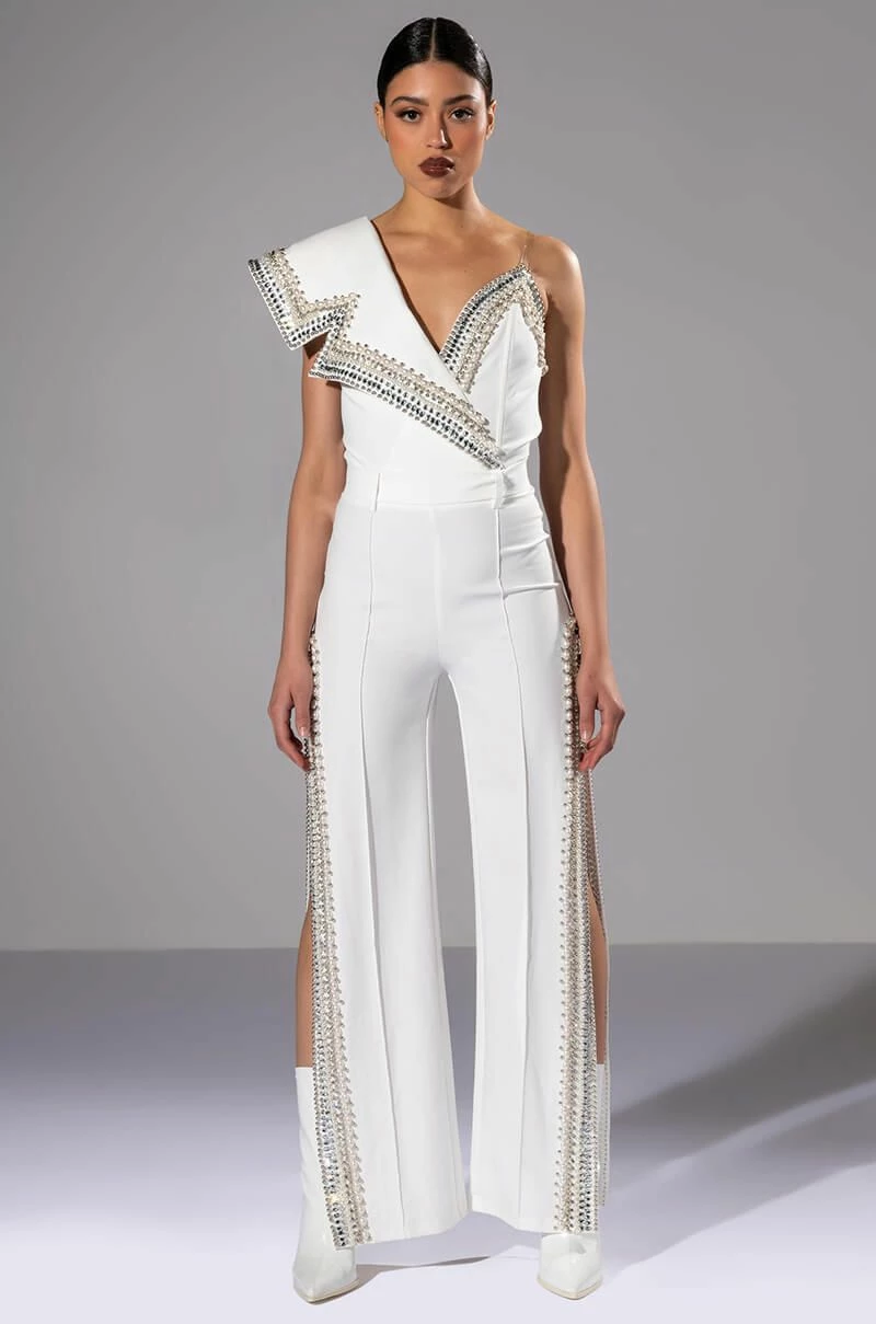 LUXURIOUS PEARL AND RHINESTONE DETAILED BODYSUIT IN WHITE - Image 3