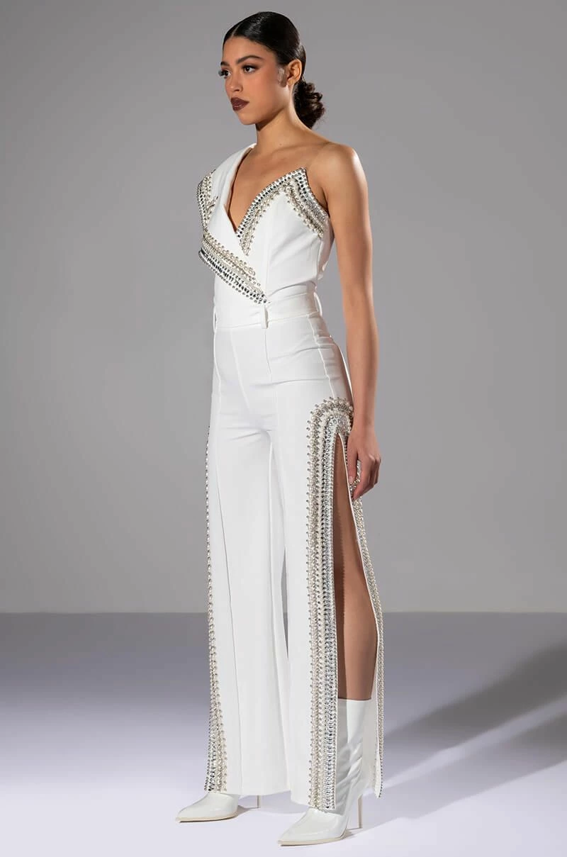 LUXURIOUS PEARL AND RHINESTONE DETAILED BODYSUIT IN WHITE - Image 4