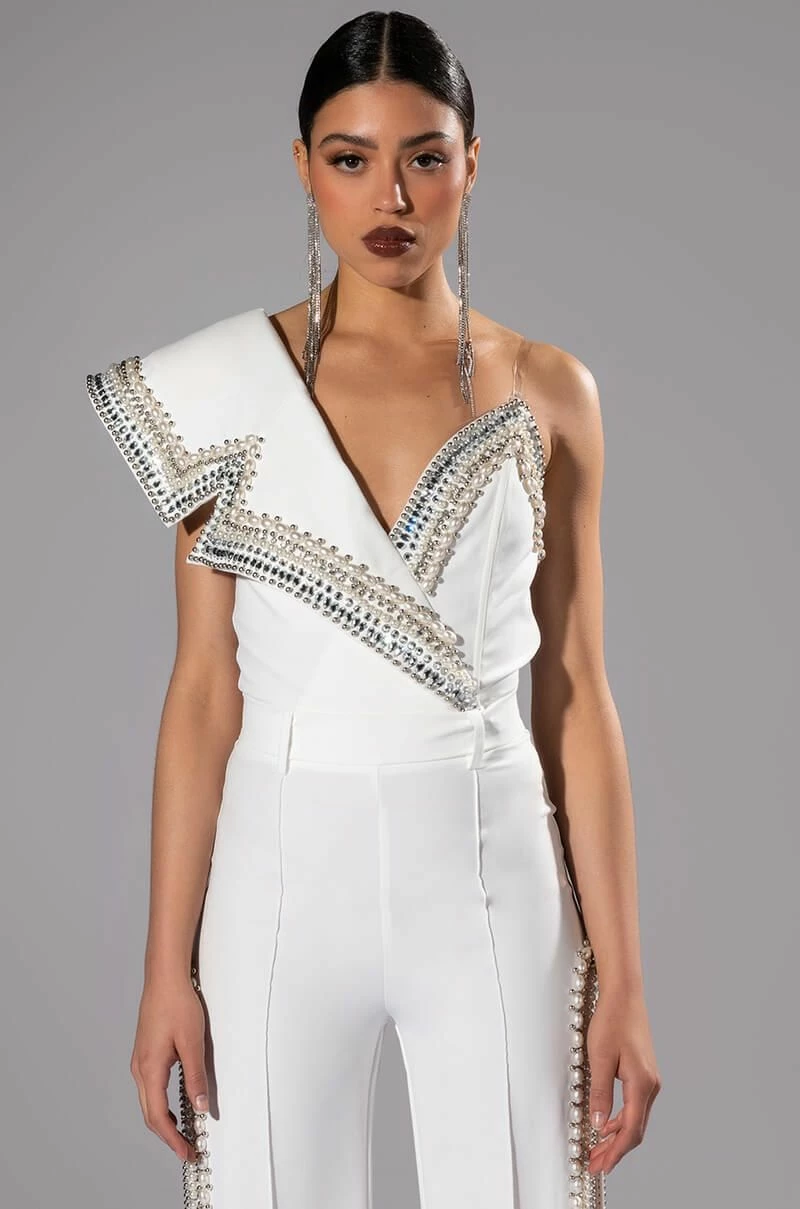 LUXURIOUS PEARL AND RHINESTONE DETAILED BODYSUIT IN WHITE - Image 5