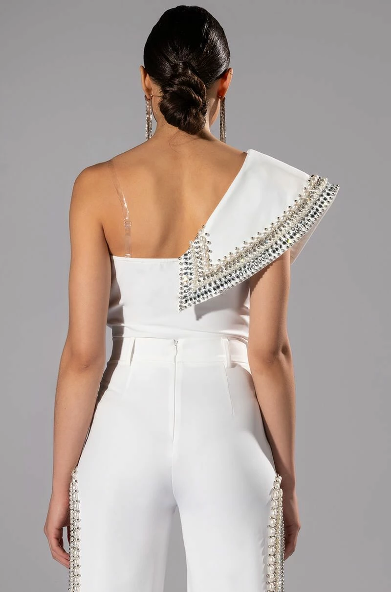 LUXURIOUS PEARL AND RHINESTONE DETAILED BODYSUIT IN WHITE - Image 8