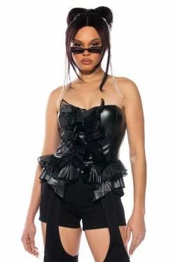 MAKE A MOVIE FAUX LEATHER RUFFLE STRAPLESS TOP