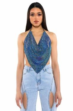 MIAMI CALLIN RHINESTONE CHAINMAIL TOP IN BLUE