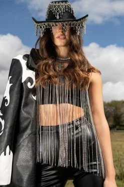 MOONCATCHER RHINESTONE FRINGE SLEEVELESS CROPPED BLOUSE -akira shop mooncatcher rhinestone fringe sleeveless cropped blouse black 1 1 c1