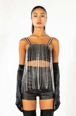 MOONCATCHER RHINESTONE FRINGE SLEEVELESS CROPPED BLOUSE -akira shop mooncatcher rhinestone fringe sleeveless cropped blouse black 5 5