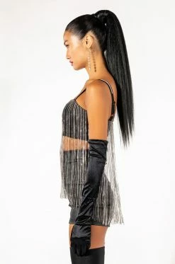 MOONCATCHER RHINESTONE FRINGE SLEEVELESS CROPPED BLOUSE -akira shop mooncatcher rhinestone fringe sleeveless cropped blouse black 6 6