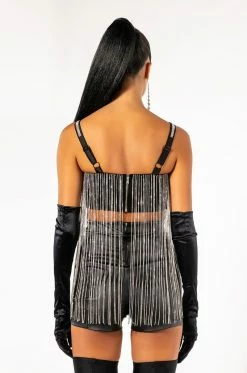 MOONCATCHER RHINESTONE FRINGE SLEEVELESS CROPPED BLOUSE -akira shop mooncatcher rhinestone fringe sleeveless cropped blouse black 7 7