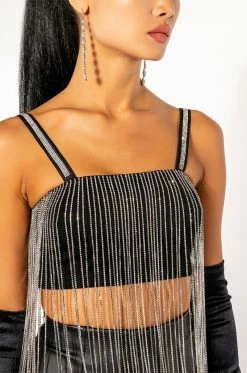 MOONCATCHER RHINESTONE FRINGE SLEEVELESS CROPPED BLOUSE -akira shop mooncatcher rhinestone fringe sleeveless cropped blouse black 8 8