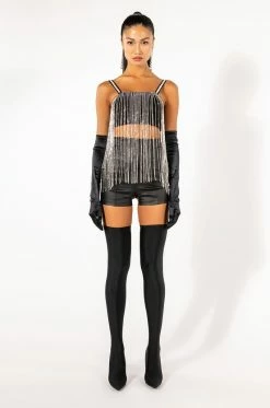 MOONCATCHER RHINESTONE FRINGE SLEEVELESS CROPPED BLOUSE -akira shop mooncatcher rhinestone fringe sleeveless cropped blouse black 9 9