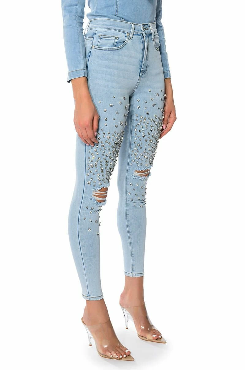 OUTTA THIS WORLD DISTRESSED RHINESTONE HIGH RISE SKINNY JEANS - Image 2