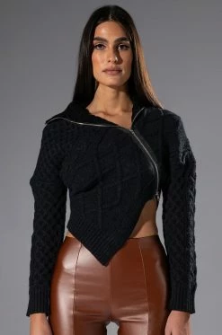 REBELLING CABLEKNIT ASYMMETRICAL ZIPPER SWEATER