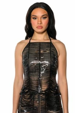 SENORITA EMBELLISHED HALTER TOP IN BLACK