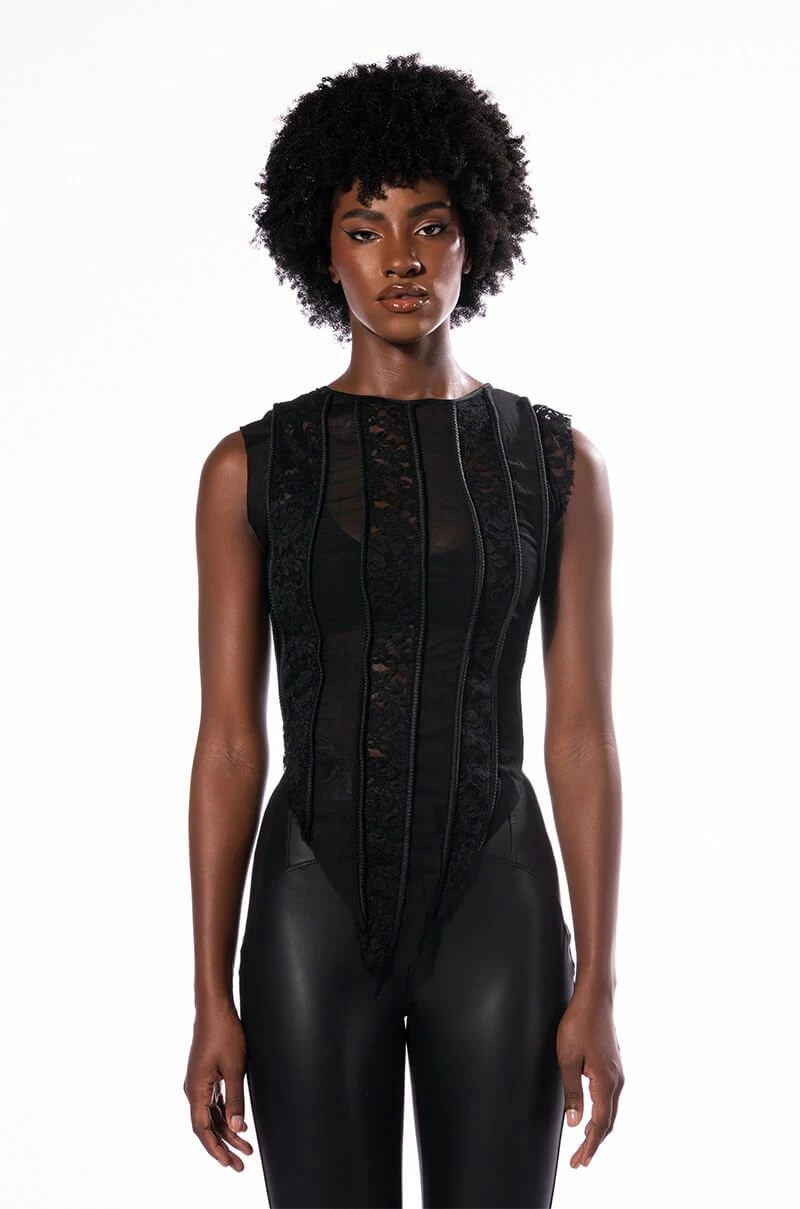 SEXY LACE PANEL SLEEVELESS MESH BLOUSE - Image 3