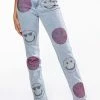 SMILEY FACES RHINESTONE HIGH RISE STRAIGHT LEG JEANS