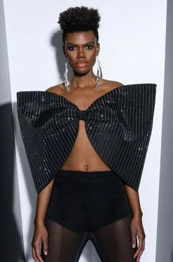 STANDING OVATION PINSTRIPE RHINESTONE DRAMATIC BOW TOP