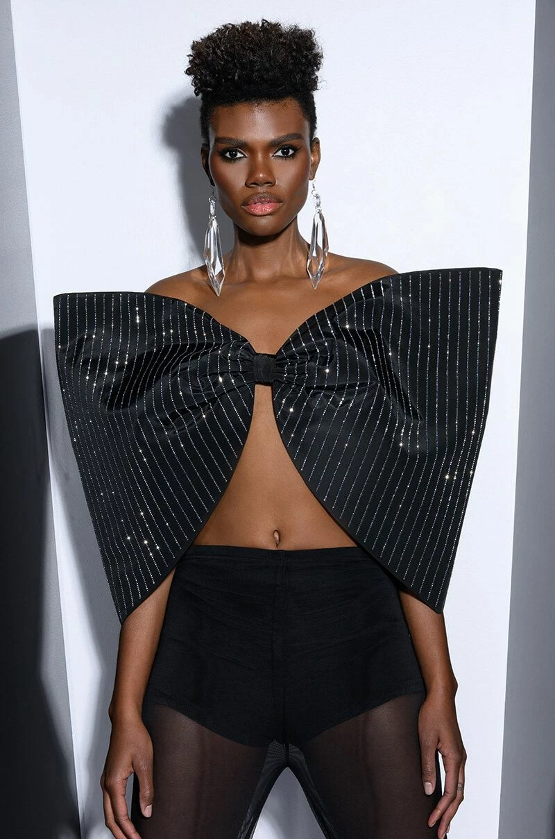 STANDING OVATION PINSTRIPE RHINESTONE DRAMATIC BOW TOP