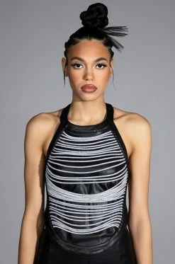 STOP THIS FLAME FAUX LEATHER RHINESTONE HALTER