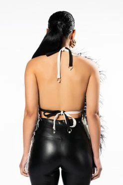 THE ONE FEATHER TRIMMED OPEN BACK BLOUSE -akira shop the one feather trimmed open back blouse black white 5 5